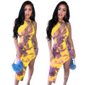 Summer women's clothing 2021 printed floral sloping shoulder high quality irregular hollow out slit trendy casual sexy dress
